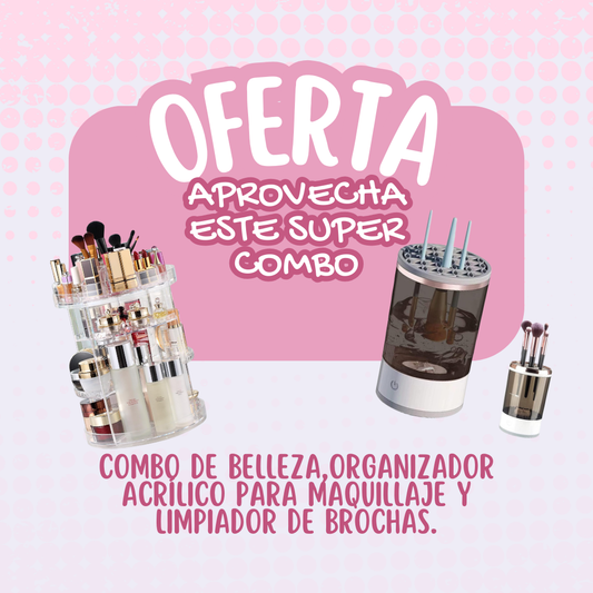 Combo de Belleza,Organizador acrílico para maquillaje y  Limpiador de Brochas.